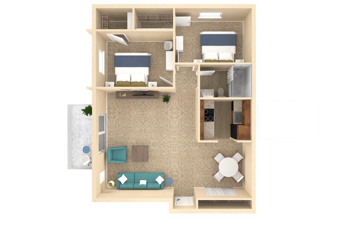 Floor plan for 2 beds, 1 bath, 932 sqft